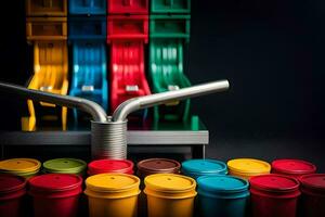 colorful plastic cups are lined up on a machine. AI-Generated photo