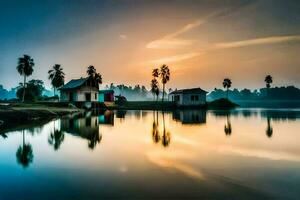 a lake with houses and palm trees at sunset. AI-Generated photo