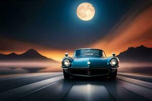 a classic car driving on the road at night. AI-Generated photo