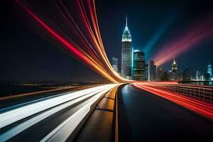 a long exposure photograph of a city skyline at night. AI-Generated photo