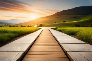 un de madera pasarela Guías a un verde campo a puesta de sol. generado por ai foto