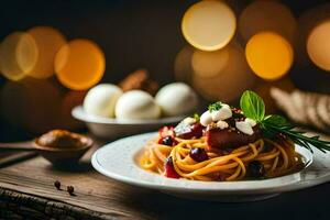 spaghetti with meatballs and cheese on a plate. AI-Generated photo