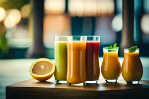 a group of different juices on a wooden table. AI-Generated photo