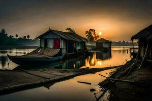 a boat sits on the shore of a river at sunset. AI-Generated photo