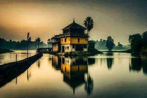 a house sits on the edge of a lake at sunrise. AI-Generated photo