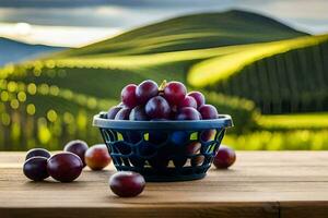uvas en un cesta en un mesa en frente de un viñedo. generado por ai foto