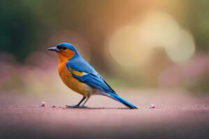 un azul y naranja pájaro en pie en el suelo. generado por ai foto