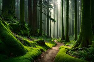 a path through a forest with mossy trees. AI-Generated photo