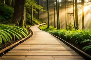 un de madera camino mediante el bosque con Dom rayos brillante abajo. generado por ai foto