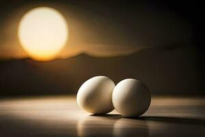 two eggs sit on a table in front of a sunset. AI-Generated photo