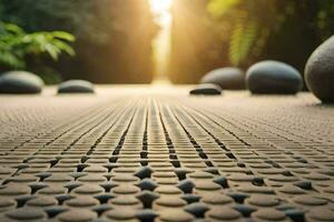 a walkway with stones and plants in the sun. AI-Generated photo