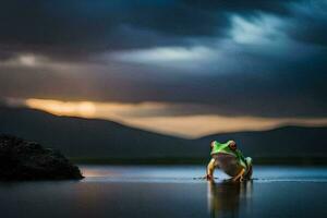 a frog sitting on the edge of a lake in front of a stormy sky. AI-Generated photo