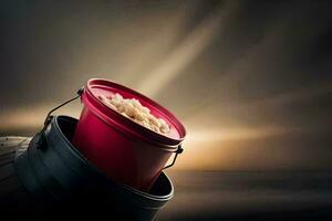 a red bucket filled with food sitting on top of a black bucket. AI-Generated photo