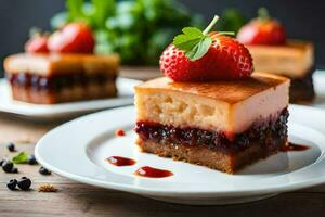 a slice of cheesecake with berries on a white plate. AI-Generated photo