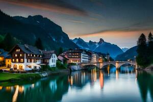 photo wallpaper the sky, mountains, river, house, lake, mountains, switzerland, al. AI-Generated