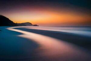 un largo exposición fotografía de el Oceano a puesta de sol. generado por ai foto