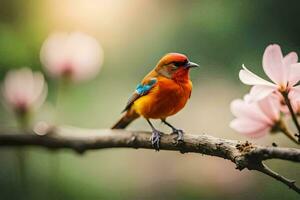 photo wallpaper the sky, flowers, bird, spring, the bird, spring, the bird,. AI-Generated