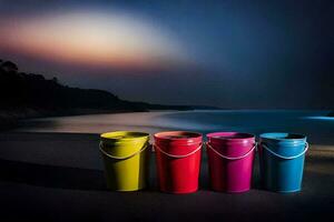 three colorful buckets sit on the beach at night. AI-Generated photo