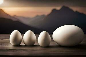 four eggs are sitting on a table with mountains in the background. AI-Generated photo