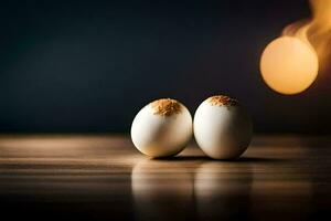 two eggs on a table with a blurry background. AI-Generated photo