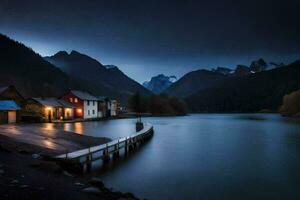 a lake and a dock at night with houses. AI-Generated photo