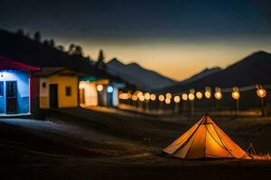 a tent is lit up at night in front of a mountain. AI-Generated photo