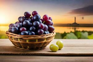 grapes in a basket on a wooden table. AI-Generated photo