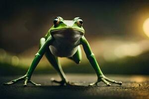 a frog is standing on the ground with its legs spread. AI-Generated photo