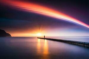 a rainbow over the ocean with a pier in the background. AI-Generated photo