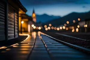 a train track in the dark with lights on the tracks. AI-Generated photo