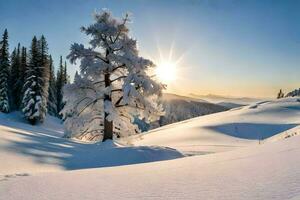 a tree covered in snow on a snowy hill. AI-Generated photo