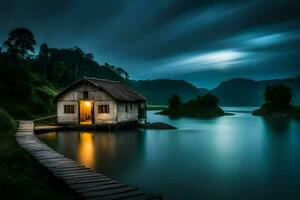 un pequeño casa se sienta en el borde de un lago a noche. generado por ai foto