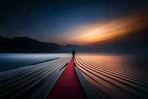 a man stands on a red carpet at the end of a pier. AI-Generated photo