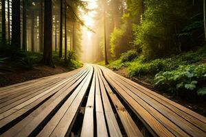 a wooden path in the forest with sunlight shining through. AI-Generated photo