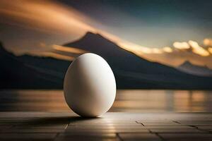 an egg sitting on a wooden floor in front of a lake. AI-Generated photo