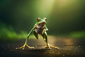 a frog standing on its hind legs on a dark road. AI-Generated photo