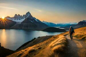 the man is walking on the path in the mountains. AI-Generated photo