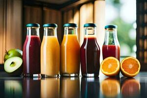 cinco botellas de jugo con naranjas y manzanas generado por ai foto