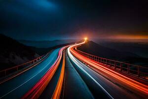 un largo exposición foto de un autopista a noche. generado por ai