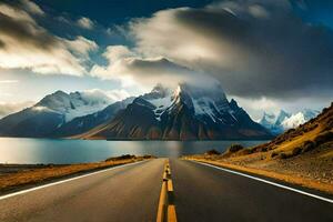 el la carretera a el montañas. generado por ai foto