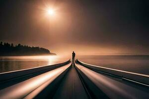 a man stands on the end of a boat in the middle of a lake. AI-Generated photo