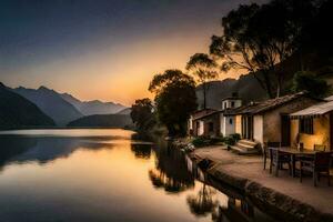 a lake and a house at sunset. AI-Generated photo