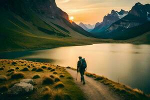 a man walks along a path near a lake at sunset. AI-Generated photo