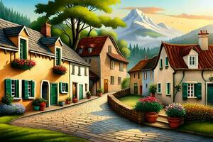 a painting of a village street with houses and flowers. AI-Generated photo