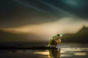 a frog standing on the edge of a lake. AI-Generated photo