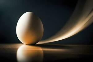 an egg is sitting on a table with a light trail. AI-Generated photo