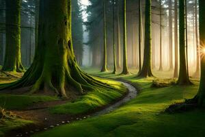 un camino mediante un bosque con arboles y césped. generado por ai foto