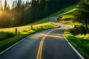 a winding road in the mountains with the sun setting. AI-Generated photo