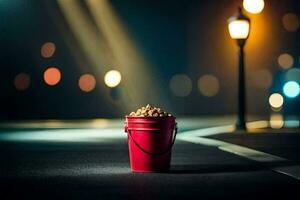 a red bucket sitting on the street with lights in the background. AI-Generated photo