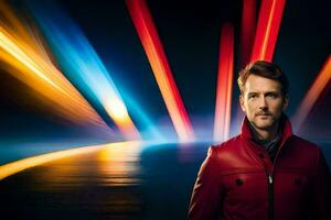 a man in a red jacket standing in front of colorful lights. AI-Generated photo